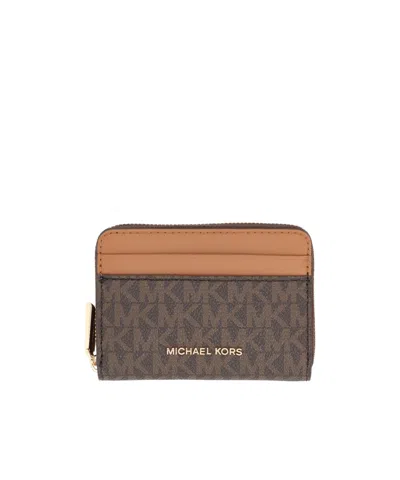 Michael Michael Kors Jet Set Small Signature Logo Zip-around Card Case In Brown
