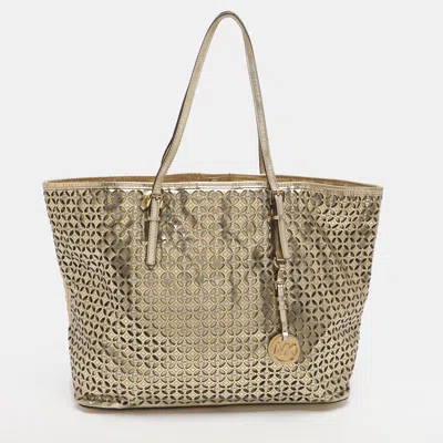 Pre-owned Michael Michael Kors Jet Set Travel Large Metallic Gold Laser Cut Leather Tote