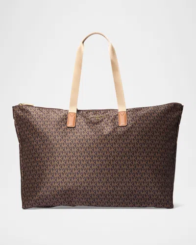 Michael Michael Kors Jet Set Travel Large Signature Logo Print Woven Tote Bag In Brn/acorn