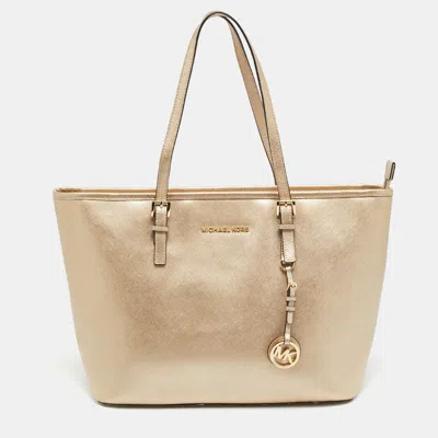 Pre-owned Michael Michael Kors Jet Set Travel Pale Gold Leather Tote