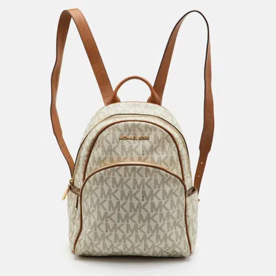 Pre-owned Michael Michael Kors Jet Set White/brown Signature Coated Canvas And Leather Backpack