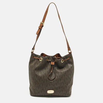 Pre-owned Michael Michael Kors Jules Brown Signature Coated Canvas Bucket Bag