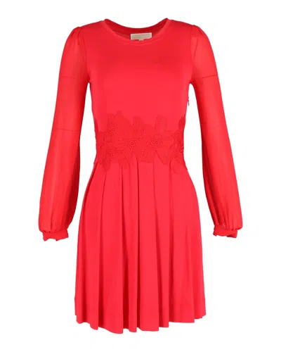 Michael Michael Kors Lace-trim Long Sleeve Dress In Red Viscose