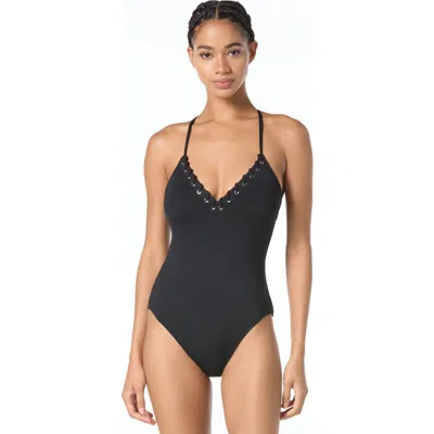 Michael Michael Kors Laced Grommets Cross Back One-piece Swimsuit In Black