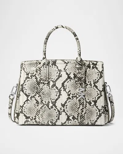 Michael Michael Kors Laila Medium Snake-print Leather Satchel Bag In Aluminum
