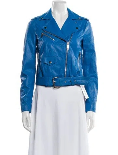 Pre-owned Michael Michael Kors Lamb Leather Biker Jacket In Blue