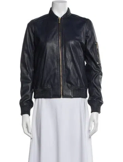 Pre-owned Michael Michael Kors Lamb Leather Bomber Jacket In Blue