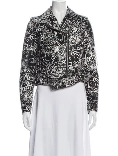 Pre-owned Michael Michael Kors Lamb Leather Graphic Print Biker Jacket In Multi