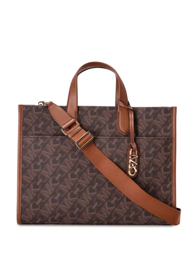 Michael Michael Kors Large Gigi Tote Handbag In Brown With All-over Logo Print And Gold-tone Hardware In Burgundy