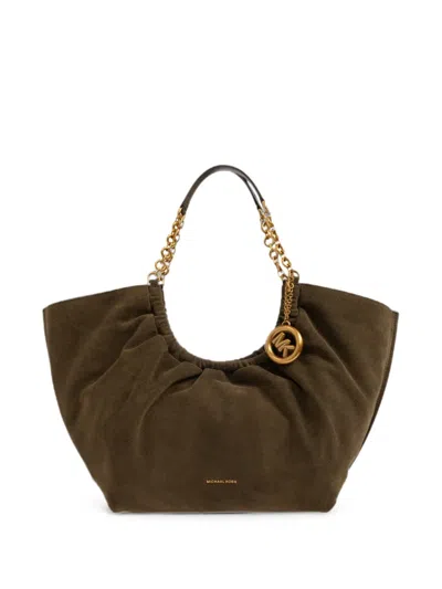 Michael Michael Kors Large Indie Logo-charm Ruched-detailing Tote Bag In Brown