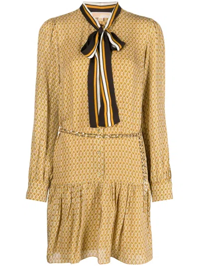 Michael Michael Kors Lattice-pattern Belted Midi Dress In Yellow