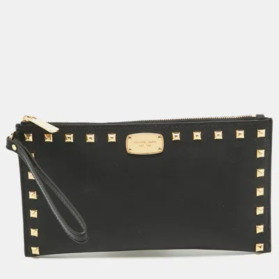 Michael Michael Kors Leather Studded Logo Wristlet Pouch In Black