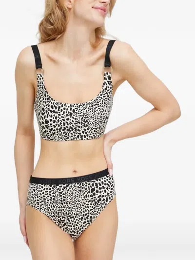 Michael Michael Kors Leopard-print Logo-waistband Bikini Bottoms In Black