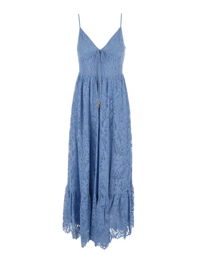 Michael Michael Kors Lightweight Lace Bodice V-neck Long Dress With Wide Flowing Skirt In Blue