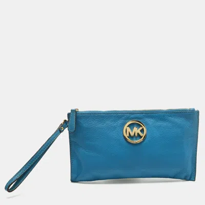 Pre-owned Michael Michael Kors Logo Blue Leather Wristlet Clutch