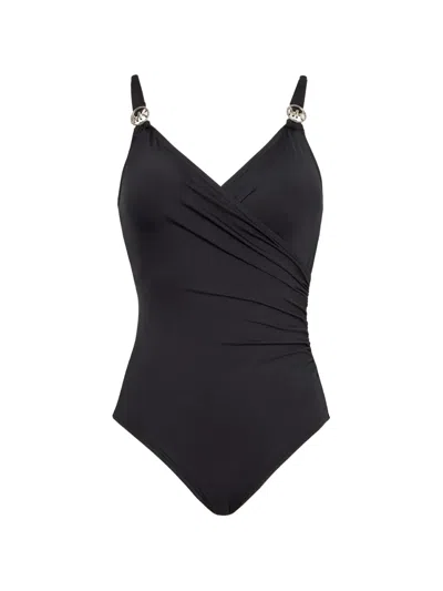 Michael Michael Kors Logo V-neck Swimsuit In Black