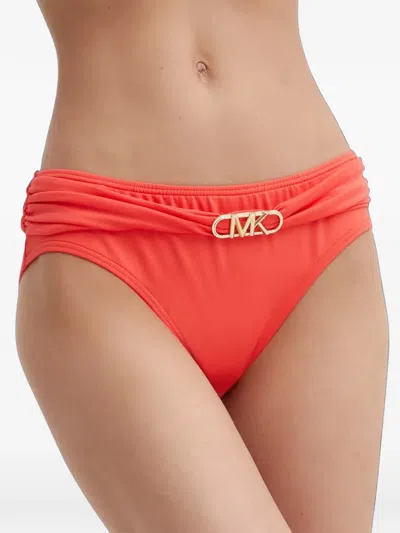 Michael Michael Kors Logo-plaque Gathered Bikini Bottoms In Orange