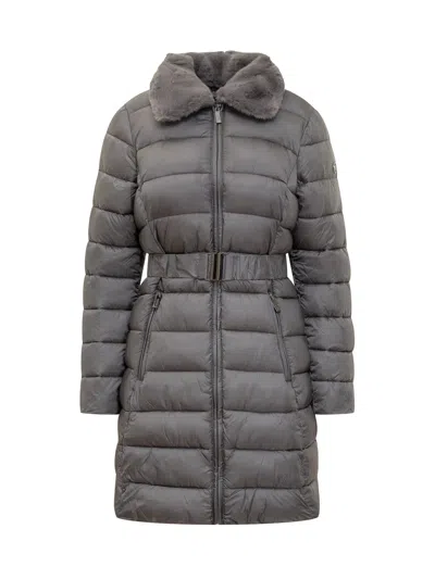 Michael Michael Kors Long Down Jacket With Belt And Fur Collar In Gray