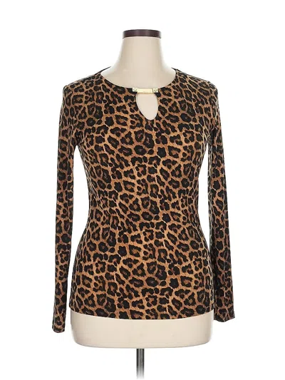 Pre-owned Michael Michael Kors Long Sleeve Top Brown Animal Print Pattern Keyhole Neckline Tops