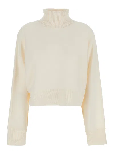 Michael Michael Kors Merino Wool Turtleneck Cropped Jumper With Back Logo Plaque In White