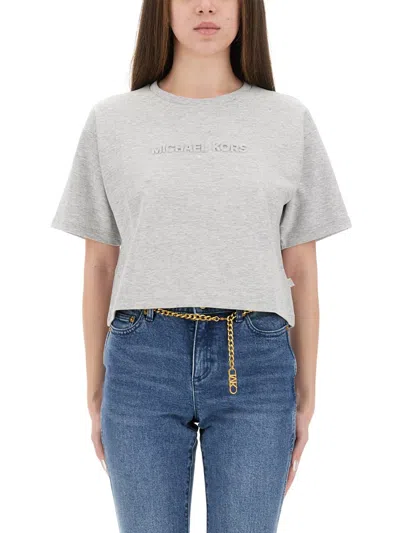 Michael Michael Kors Michael By Michael Kors Cropped T Shirt With Embossed Logo In Gray