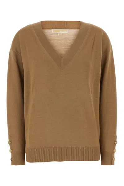 Michael Michael Kors Michael By Michael Kors Merino Wool Crewneck Sweater In Camel