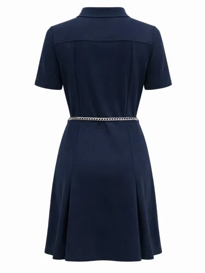 Michael Michael Kors Michael By Michael Kors Women's Short Sleeve Fit-and-flare Dress With Chain Belt In Blue