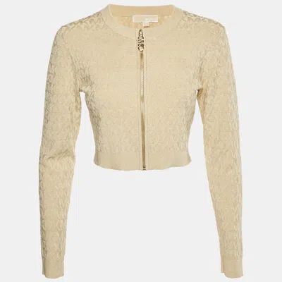 Pre-owned Michael Michael Kors Michael Kors Beige Monogram Lurex Knit Cropped Cardigan M In Sand
