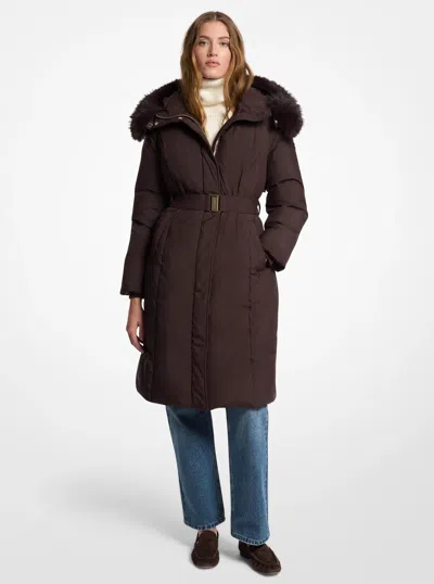 Michael Michael Kors Michael Kors Faux Fur Trim Belted Coat In Brown