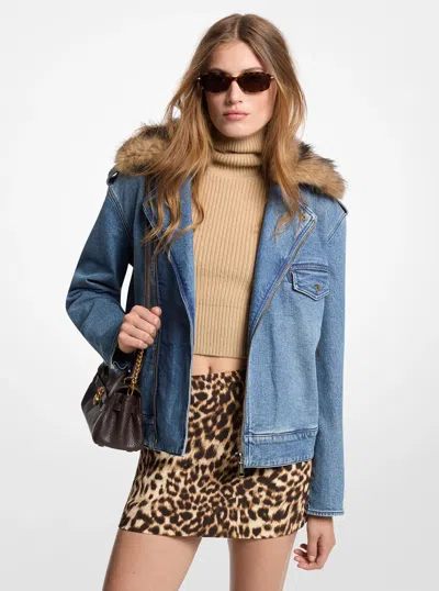 Michael Michael Kors Michael Kors Faux Fur Trim Denim Moto Jacket In Blue