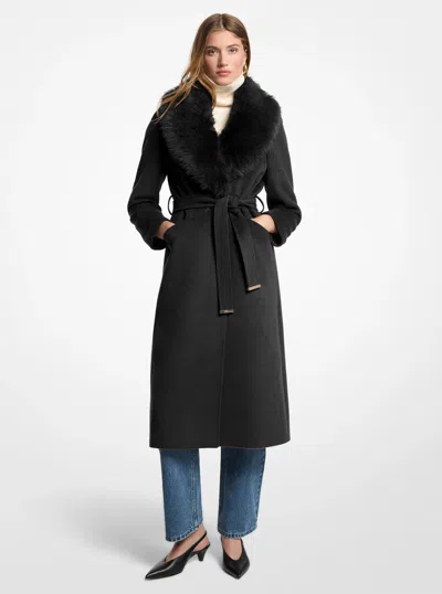 Michael Michael Kors Michael Kors Faux Fur Trim Wool Blend Coat In Black