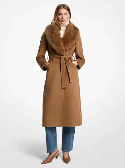 Michael Michael Kors Michael Kors Faux Fur Trim Wool Blend Coat In Brown