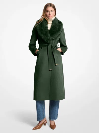 Michael Michael Kors Michael Kors Faux Fur Trim Wool Blend Coat In Green