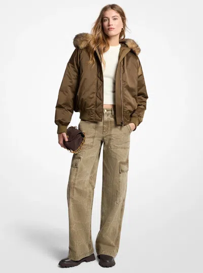 Michael Michael Kors Michael Kors Faux Fur-trimmed Satin Ciré Hooded Bomber Jacket In Green In Brown