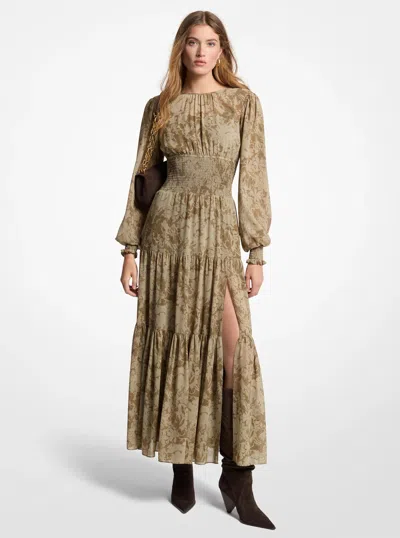 Michael Michael Kors Michael Kors Floral Georgette Smocked Dress In Green In Multi