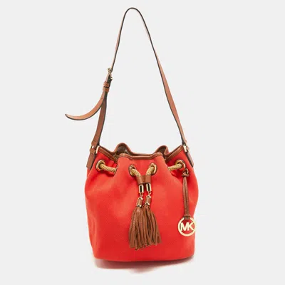 Pre-owned Michael Michael Kors Michael Kors Orange/brown Canvas And Leather Marina Drawstring Bag