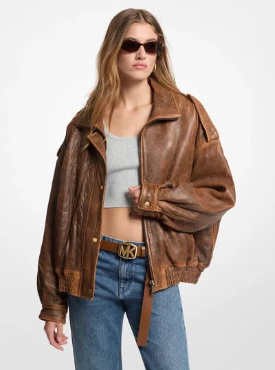 Michael Michael Kors Michael Kors Oversized Burnished Leather Jacket In Brown In Animal Print