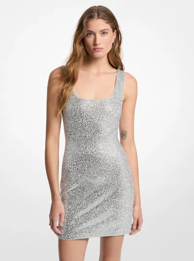 Michael Michael Kors Michael Kors Rhinestone Embellished Scuba Mini Dress In Silver In Metallic