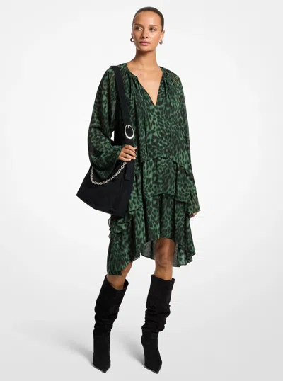 Michael Michael Kors Michael Kors Ruffled Leopard Print Georgette Hi-low Dress In Green