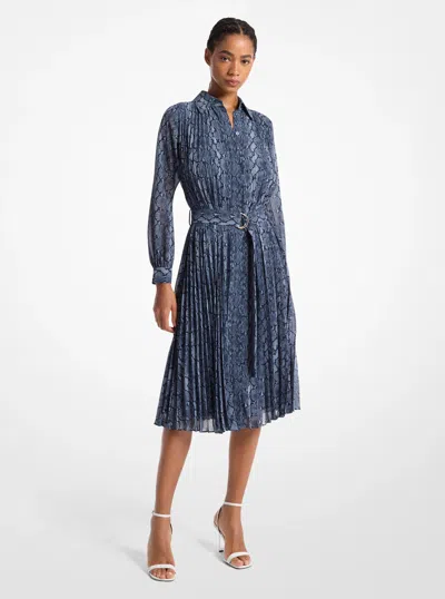 Michael Michael Kors Michael Kors Snake Print Georgette Pleated Shirtdress In Blue