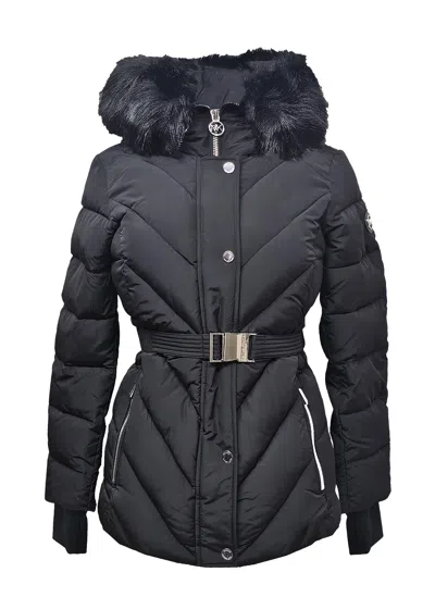 Michael Michael Kors Michael Kors Women's Belted Chevron Scuba Coat W/faux Fur, Black