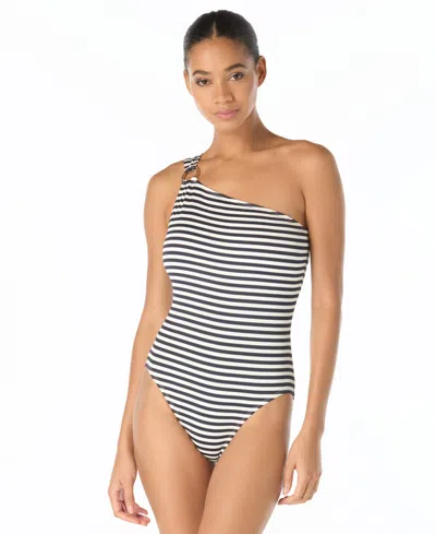 Michael Michael Kors Michael Kors Women's One-shoulder Stripe One-piece Swimsuit In Black