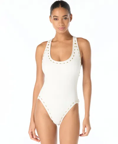 Michael Michael Kors Michael Kors Women's Scoop Neck Racer Back One-piece Swimsuit In White
