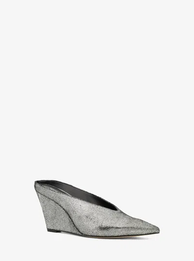 Michael Michael Kors Michael Kors Xandra Metallic Leather Wedge Mule In Silver