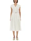 Michael Michael Kors White Sleeveless Long Dress With V Neck And Adjustable Belt In Cotton Stretch Woman