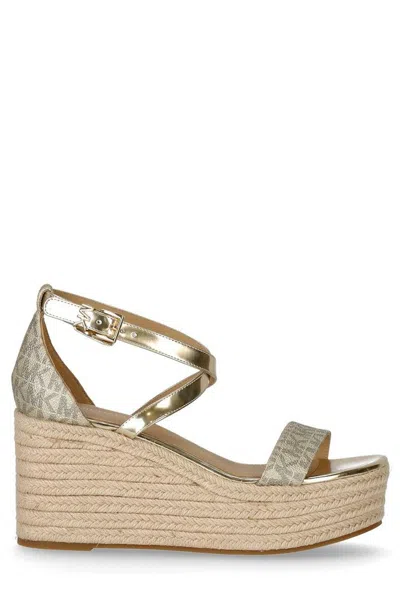 Michael Michael Kors Monogram Jacquard Wedge Sandals In Gold