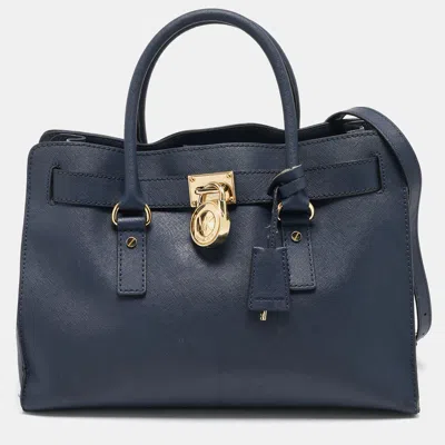 Pre-owned Michael Michael Kors Navy Blue Leather Large East West Hamilton Tote