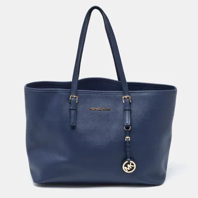 Michael Michael Kors Navy Leather Large Jet Set Travel Tote In Blue