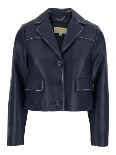 Michael Michael Kors Notched Lapel Lamb Leather Blazer In Blue