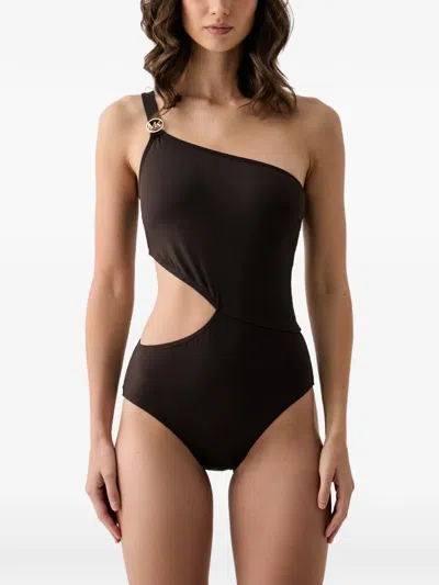 Michael Michael Kors One-shoulder Cut-out Swimsuit In Brown